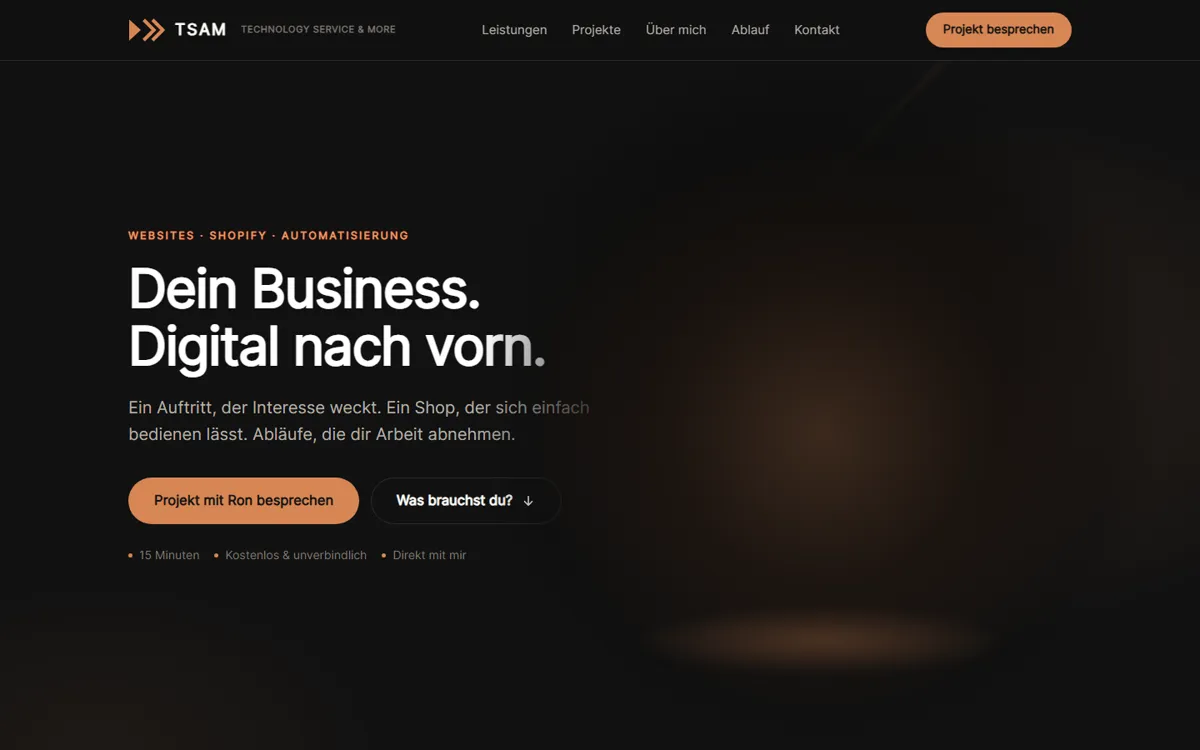 Startseite von t-s-a-m.de mit der schwarzen Metallskulptur