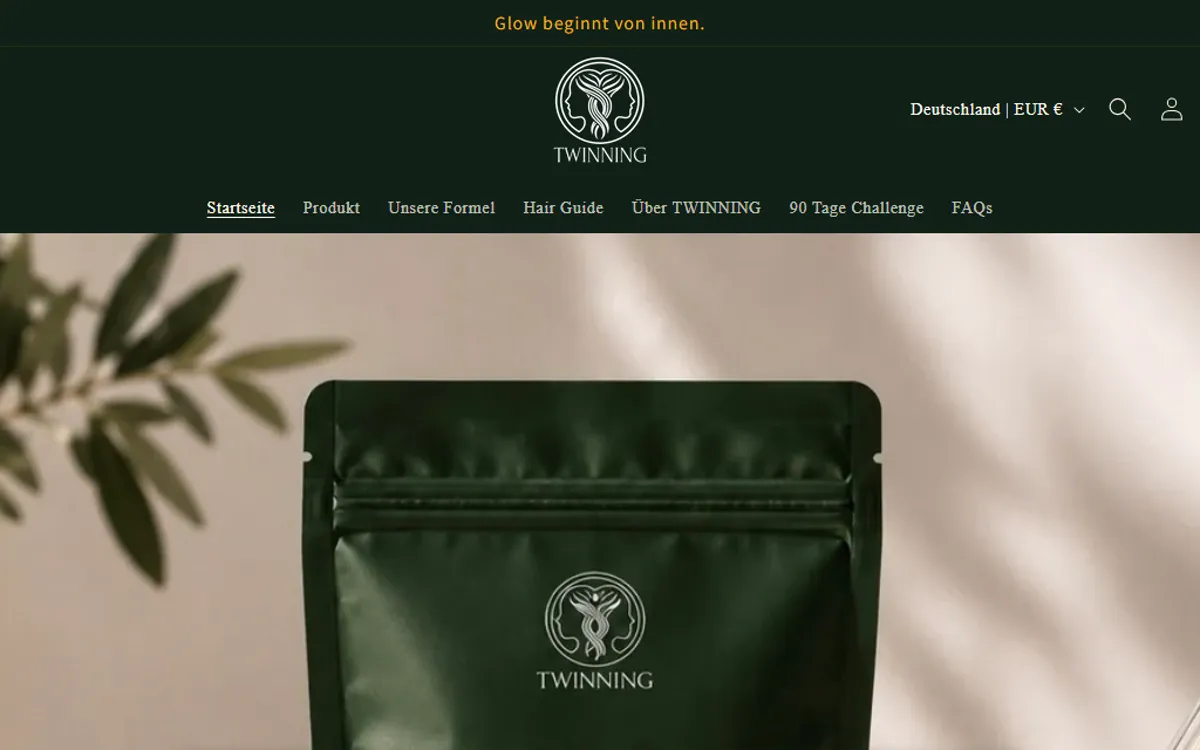 Startseite von twinningshop.de mit dem Produkt Premium Hair Glow