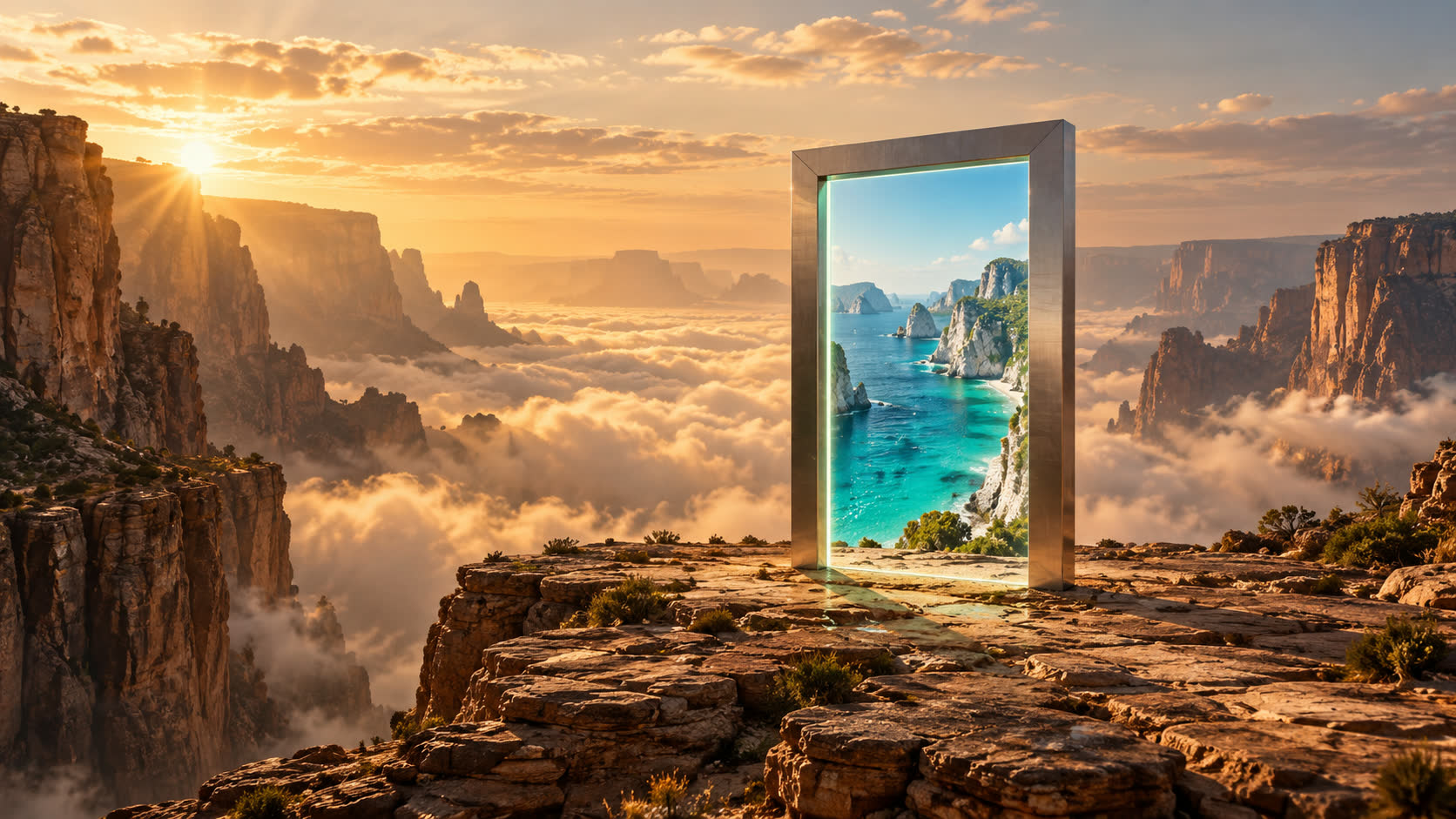 Sandsteincanyon über Wolken, darauf ein Metallportal mit Blick auf eine türkise Küste